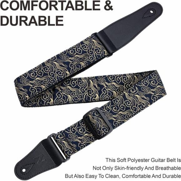 Adjustable Cotton Guitar Strap with Picks Locks Leather Ends Gift Set - Picture 2 of 7